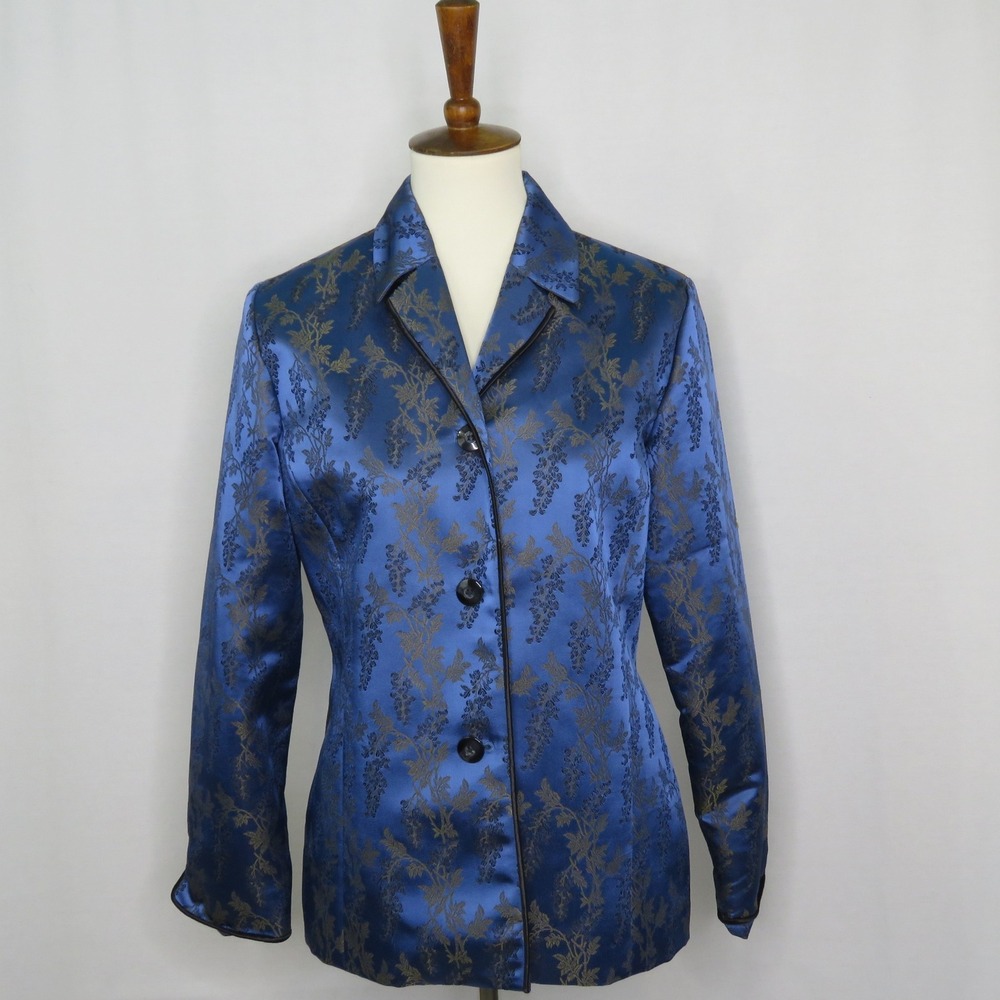 Susan Bristol Women's Blue Embossed Button Down Blazer Jacket 8 Career Satin